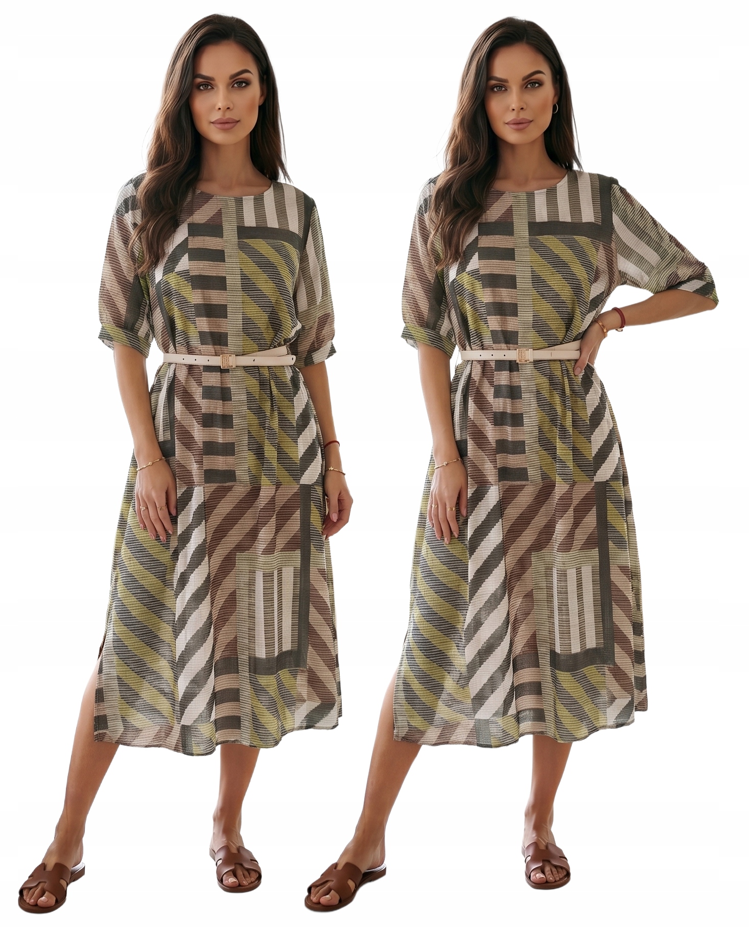 Šaty Prodyšná Letní Midi Vzory Geometrické Kapsy Pásek Boho