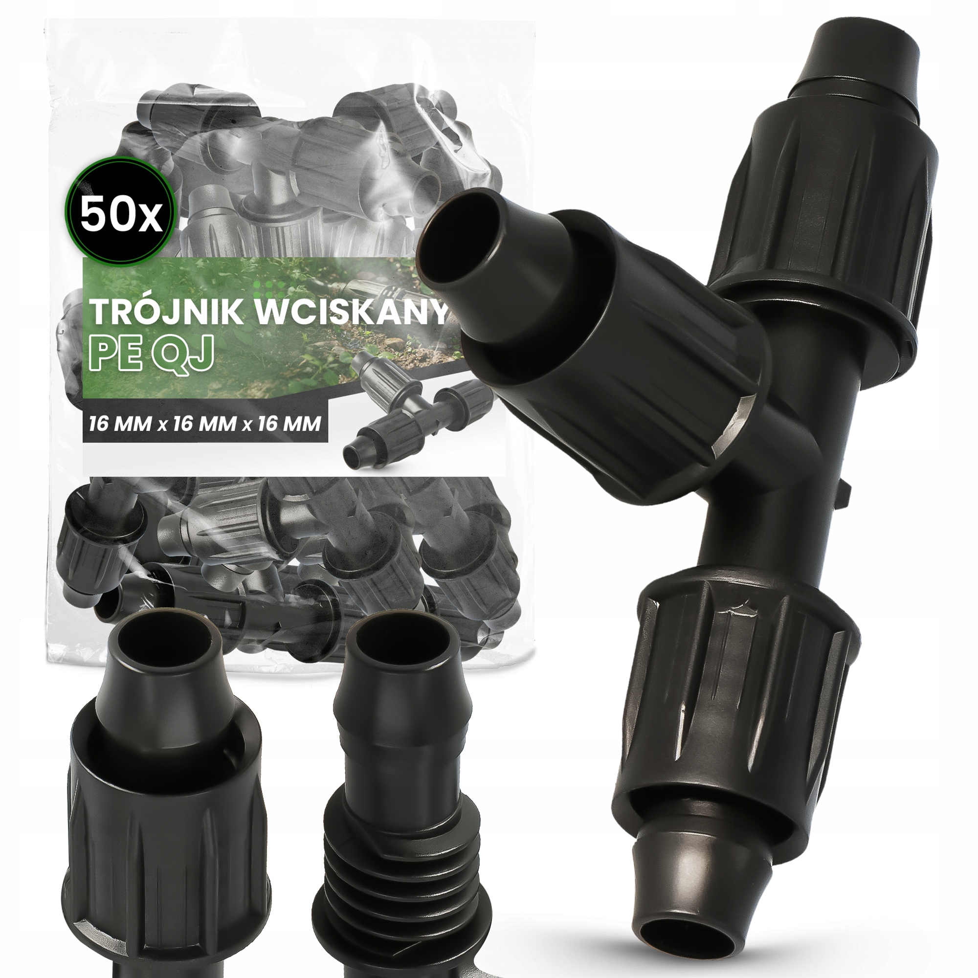 50 x T-rozdělovač Pe Qj 16x16 Stiskací Spojka pro kapkové zavlažování vody 9A-T