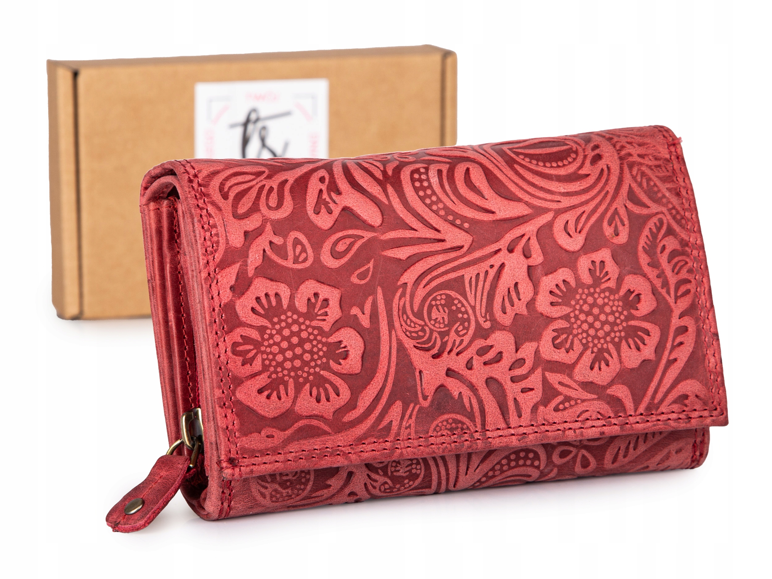 Duży skórzany portfel damski z wzorem w kwiaty szyty ręcznie Rfid bordowy
