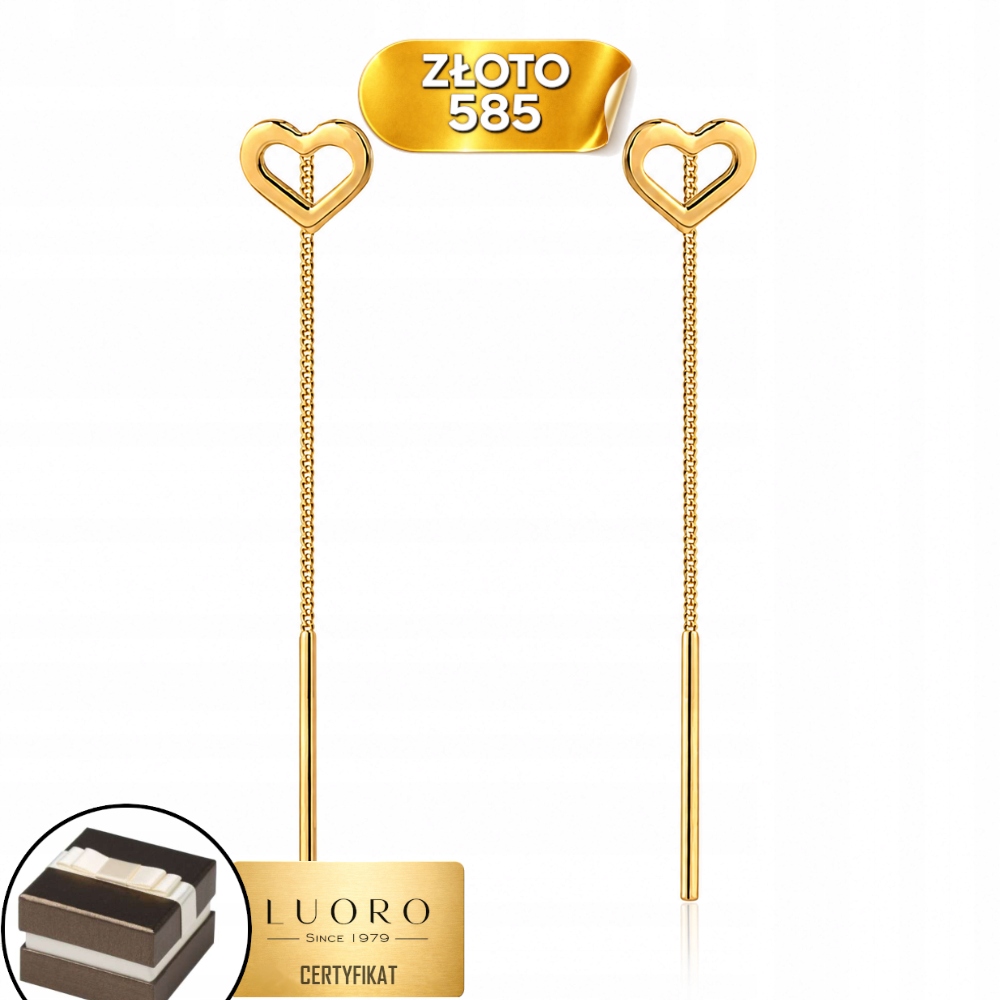 Náušnice Zlaté 585 14K Provlékací Srdíčko 4,5 CM Elegantní Dárek