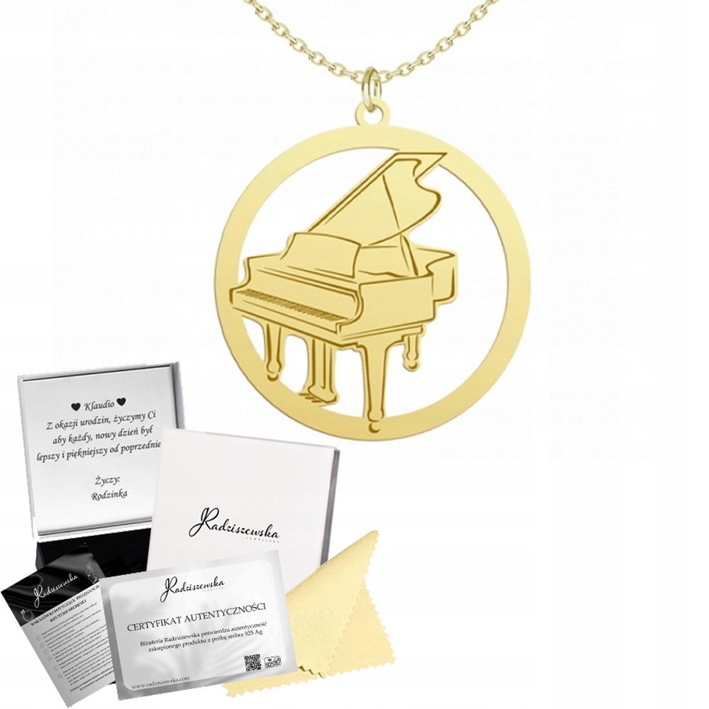 Náhrdelník Zlatý klavír Řetízek s klavírem Stříbro 925 Gravírování Bonus