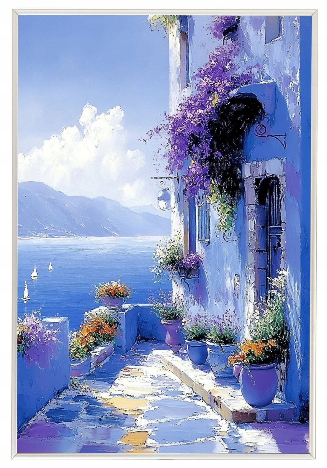 Plakát Rámeček Aluminium Krajina Pohled Řecko Moře Dům Terasa Květiny 40x60