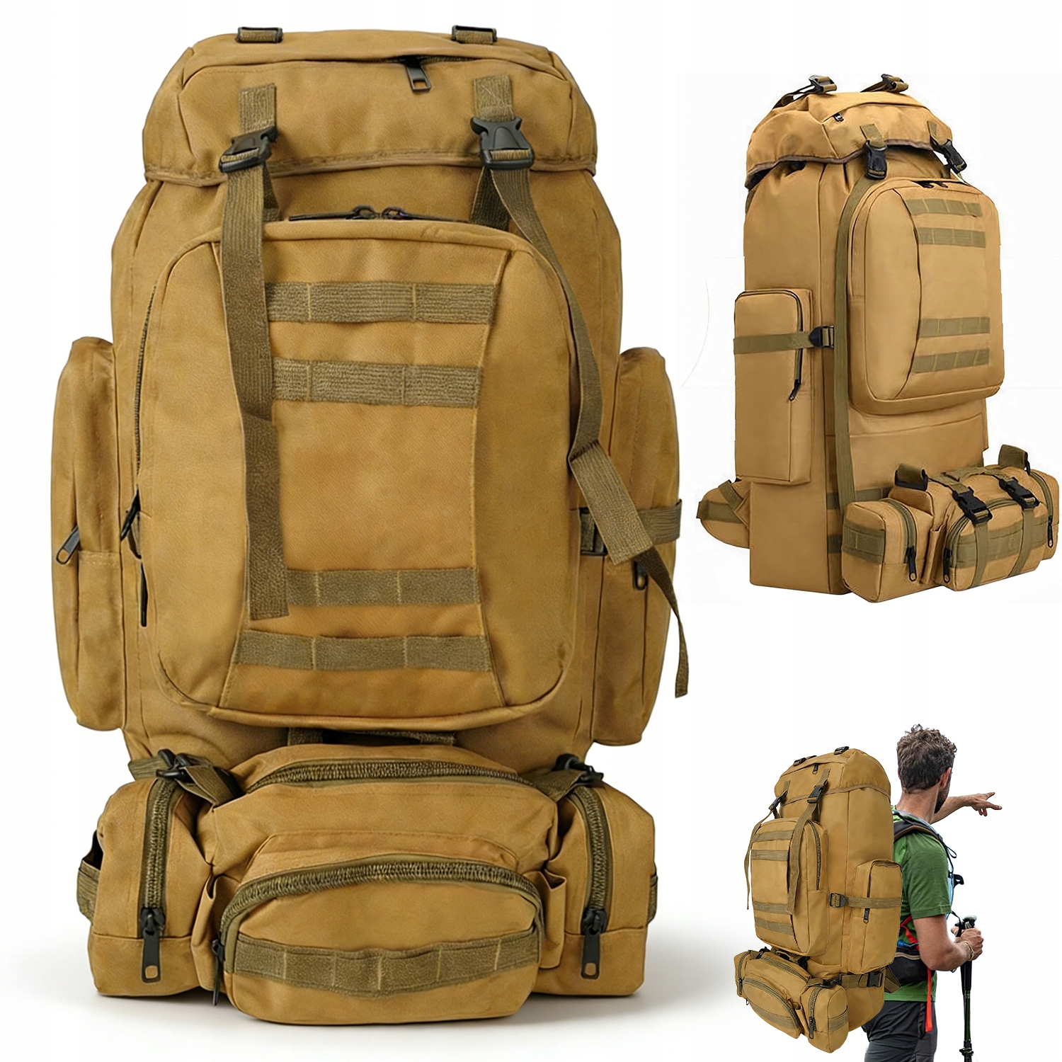 Batoh Khaki 100L Nastavitelný Ergonomický Pro Turistiku A Přežití