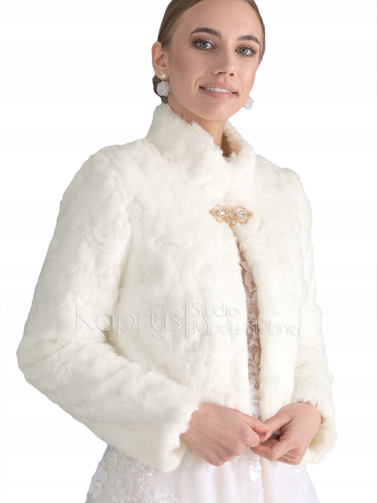 Bolerko ślubne futerko gronostaj ze stójką kolor ecru, rozmiar 42 Kolor biały