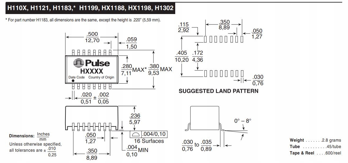 HX1188NL Transformator LAN SMD RX 1:1 TX 1:1 Marka Pulse