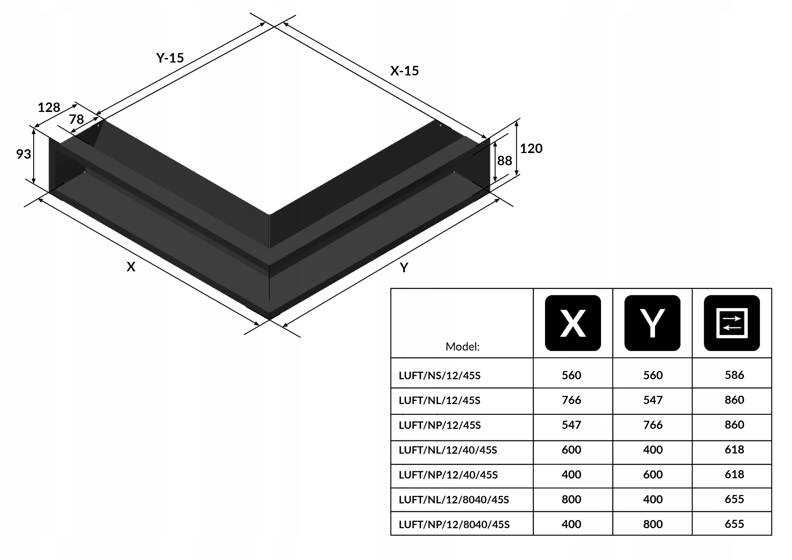 Ventilační mřížka do krbu Luft rohová pravá 54,7x76,6x12 černá
