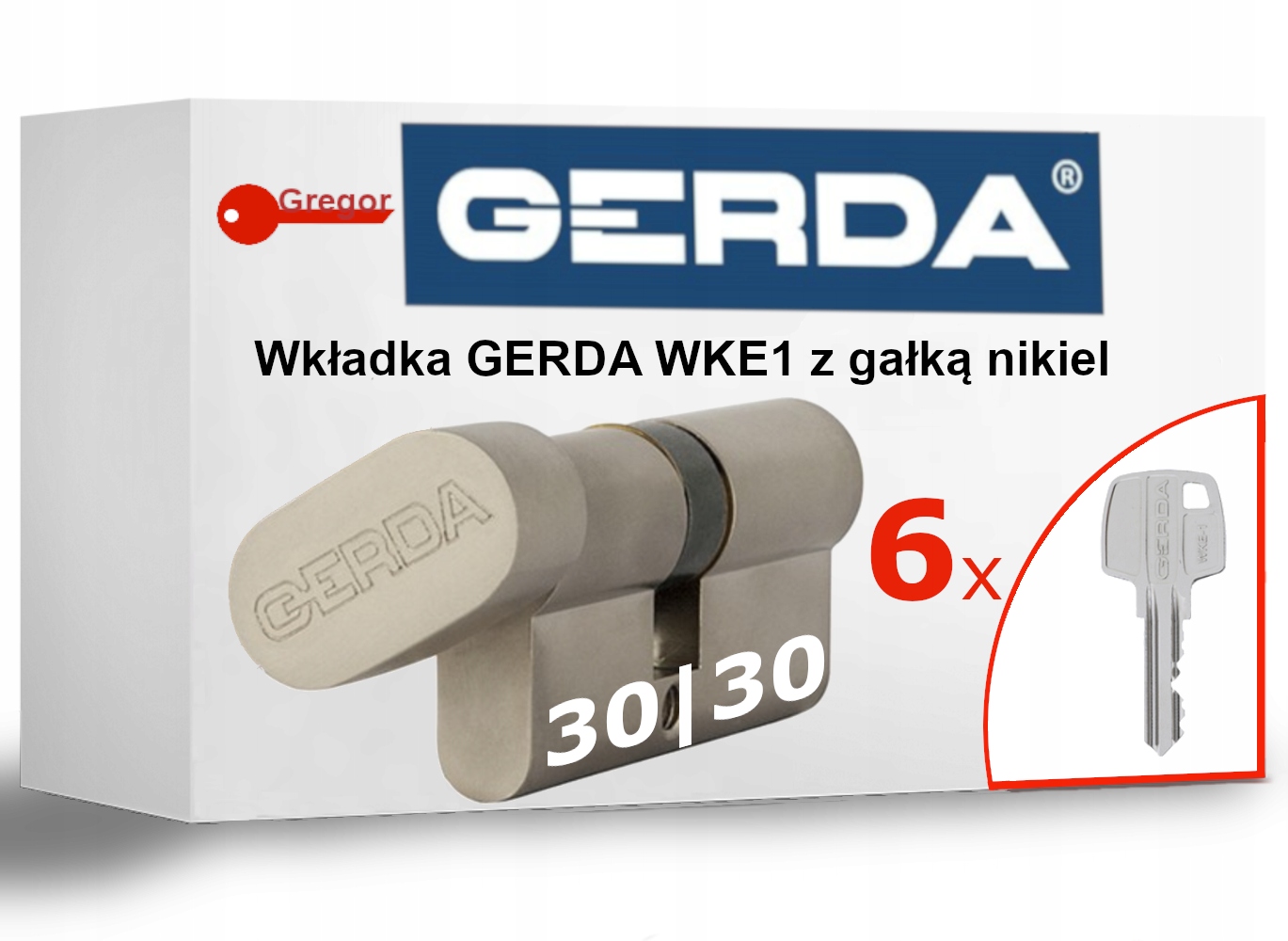 6 Kluczy Wkładka zamek Gerda WKE1 G30/30 nikiel satyna z gałką 6 kluczy