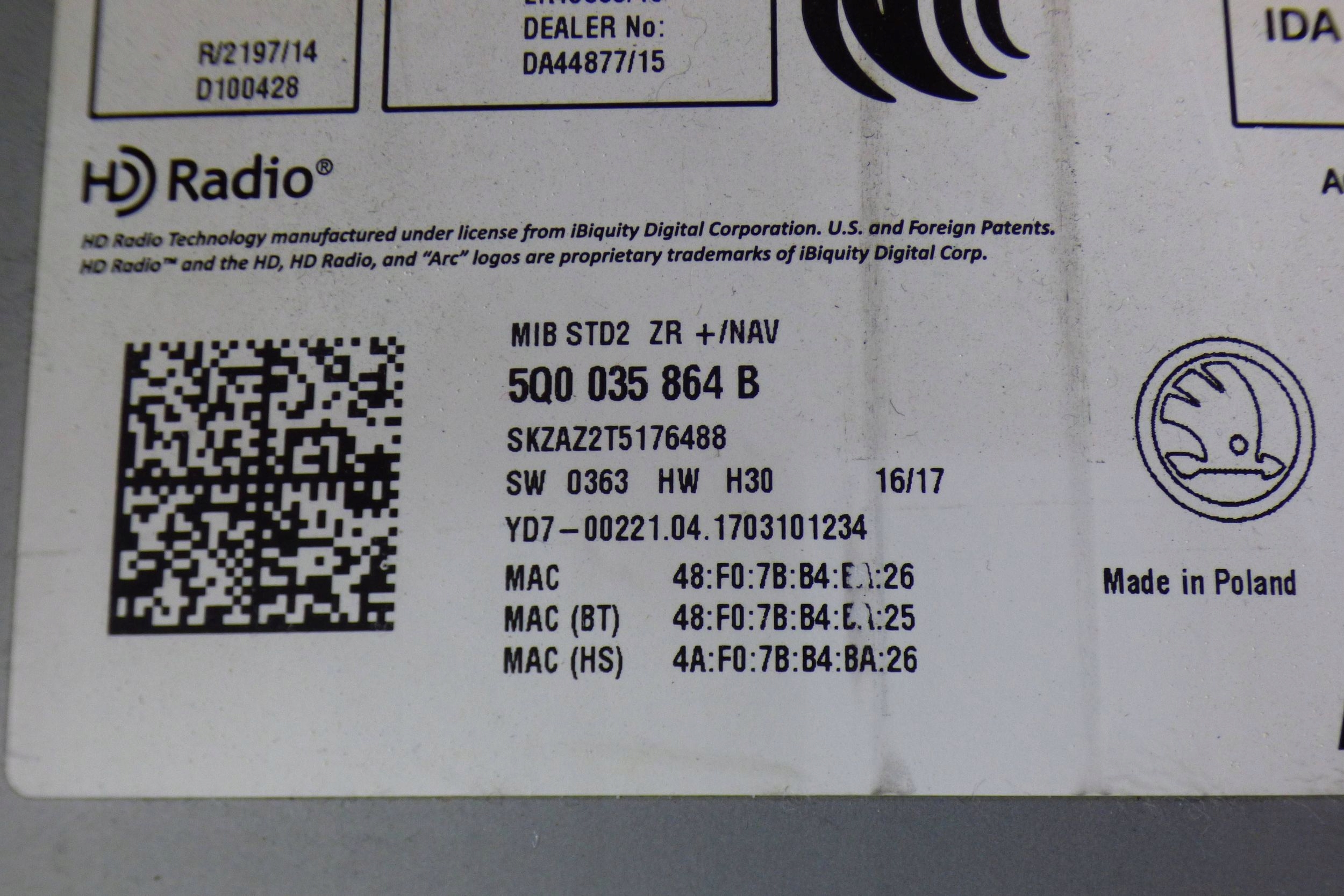 Skoda Octavia III card reader navigation devices radio stBDB 5Q0035864B
