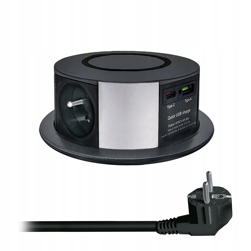 3z Usb A C 20W Pd, Wireless 10W, výsuvný blok zásuviek, 2m, čierny