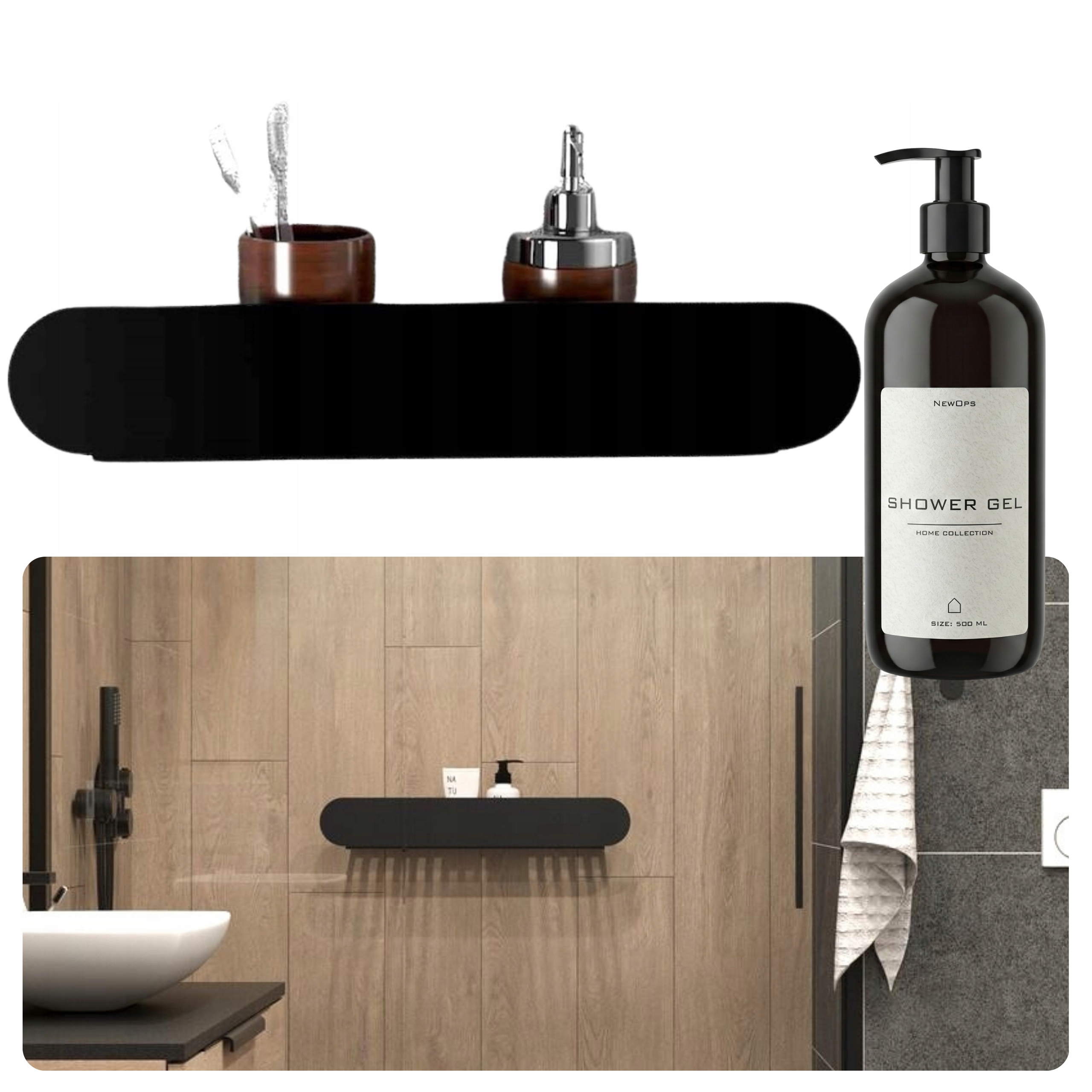 ŁAZIENKOWA PÓŁKA POD PRYSZNIC CZARNA METAL LOFT PRYSZNICOWA 38 cm + GRATIS