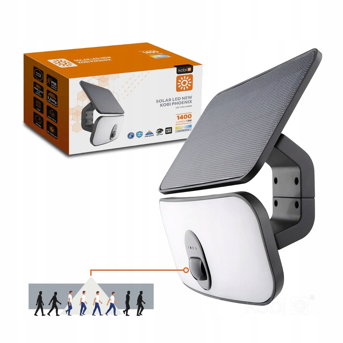 Solární Led reflektor Kobi 13W 1400lm, senzor IP65