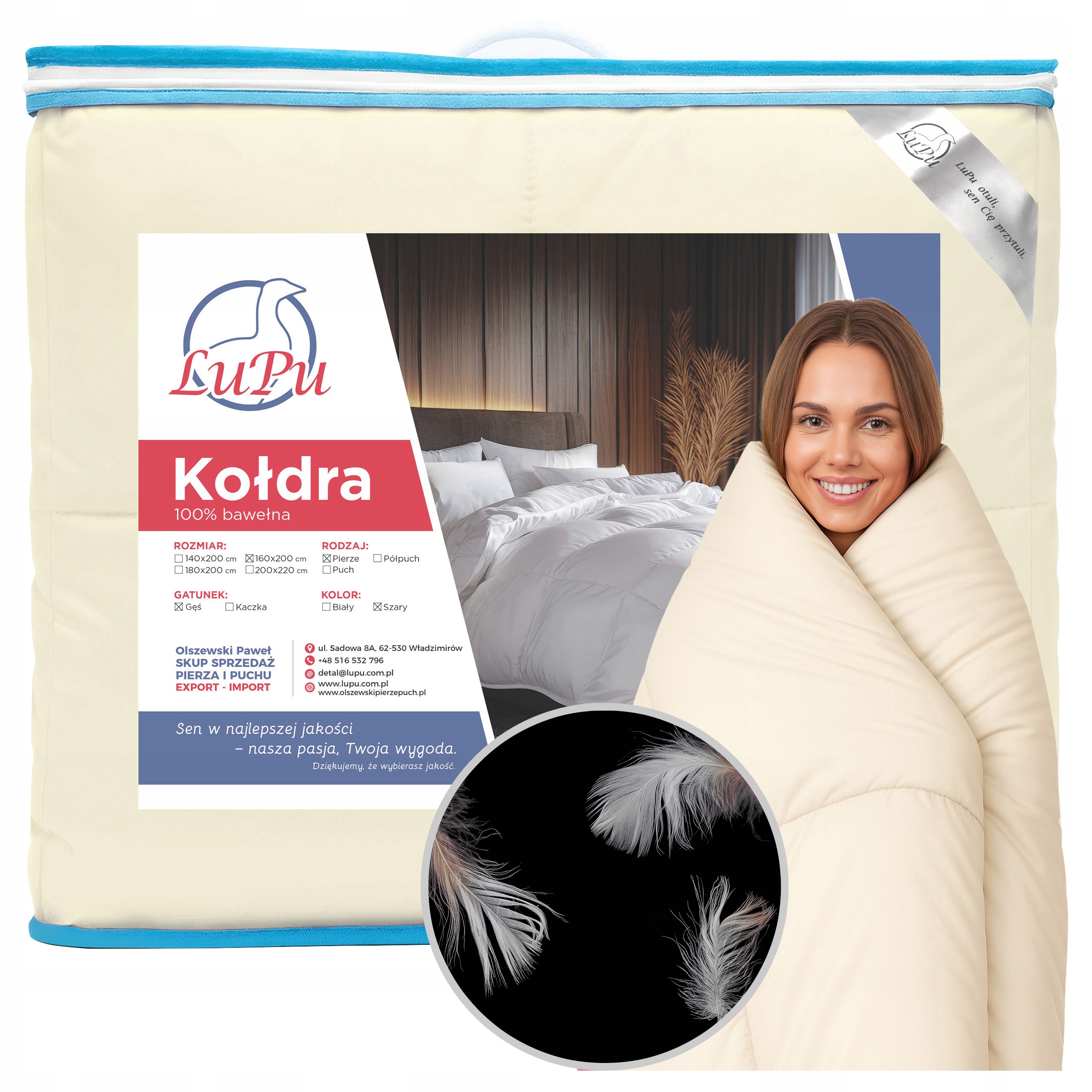 Přikrývka 160x200 Péřová celoroční antialergická Peří Husy Ecru Lupu