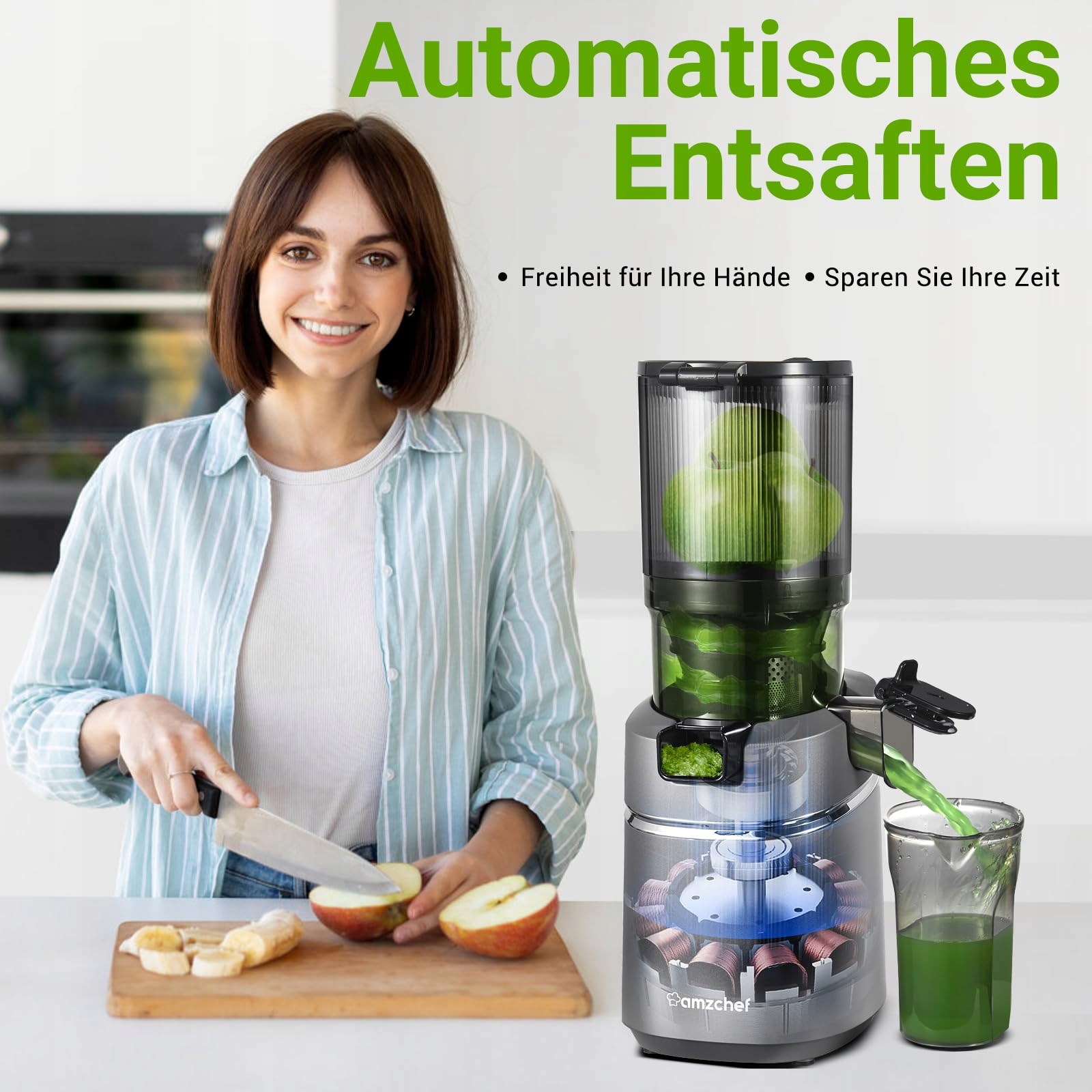 AMZCHEF Wolnoobrotowy Wyciskarka 250W 135MM Do Warzyw i Owoców 1,8L Szary — miniatura 4