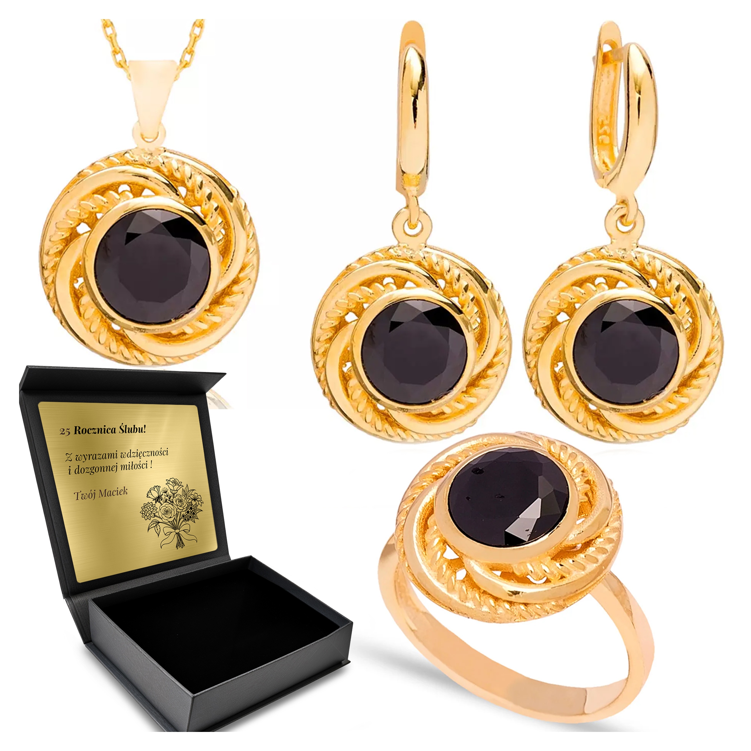 Komplet Stříbrných Šperků 925 Černý Onyx Dárek pro ženu Gravírování
