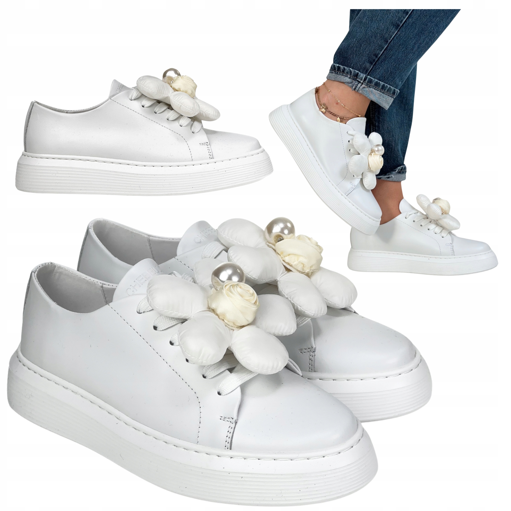 Polobotky Tenisky s ozdobou Chebello Bílé lico Přírodní kůže 37