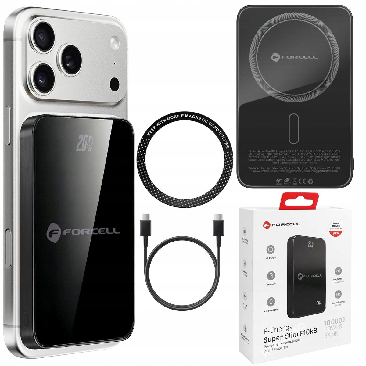 Forcell Magnetická Powerbanka 20W s MagSafe 15W QC4.0 PD3.0 10000mAh Černá