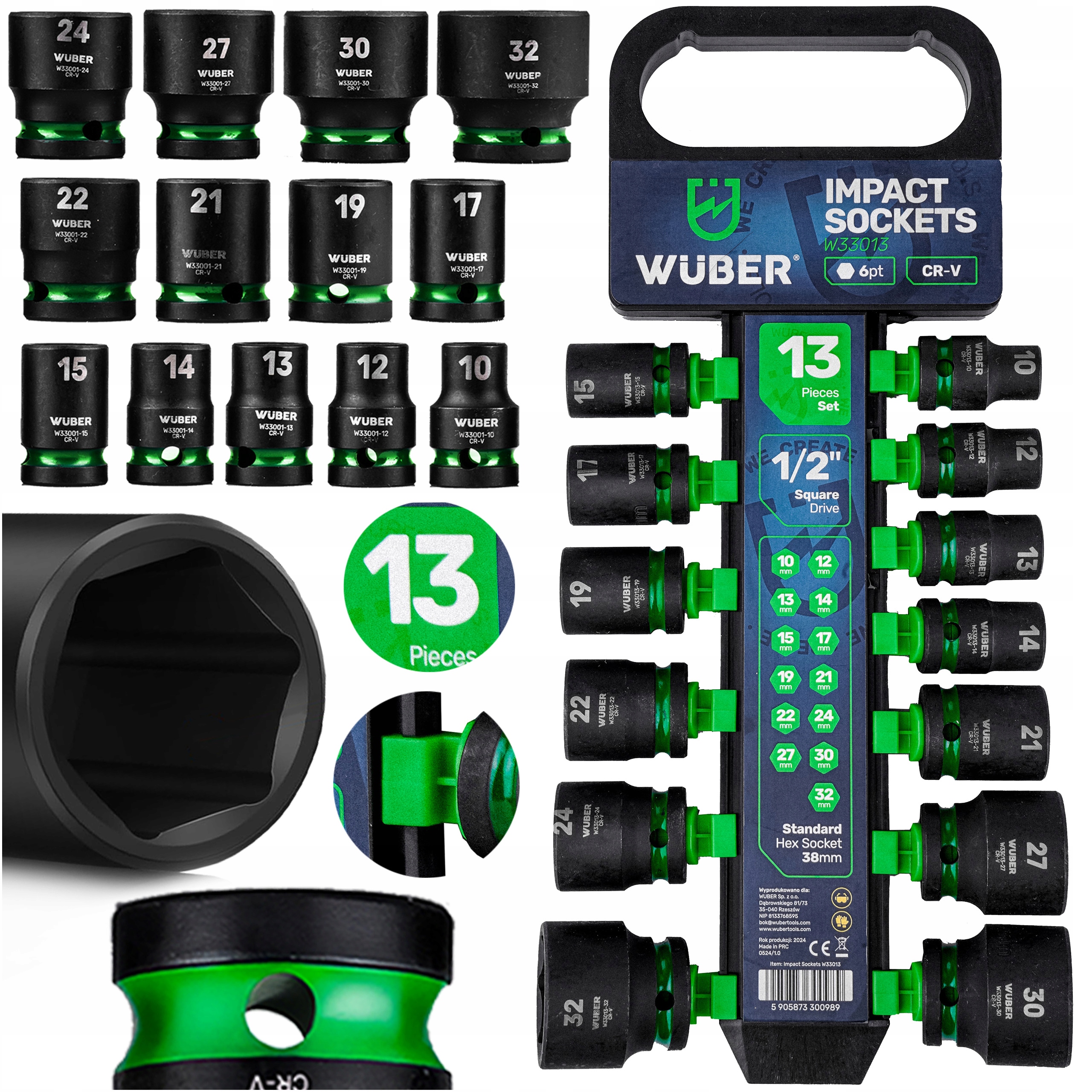 Nasadki Udarowe Zestaw Nasadek 13 Szt. 1/2" 6-KĄTNE Krótkie Nasadki 10-32MM