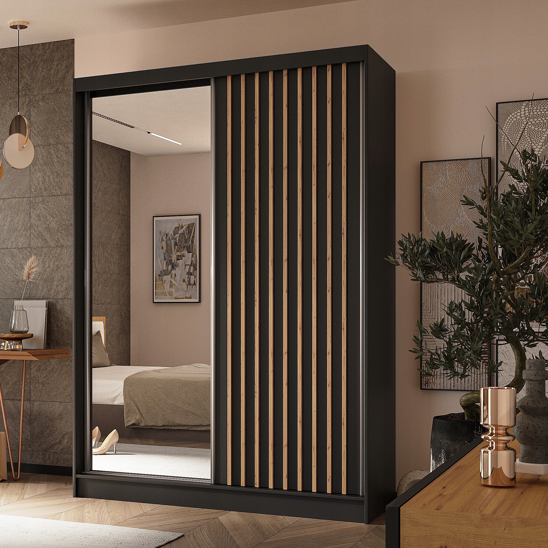 Skříň dvoudveřová Lamello 150 cm Skříň se zrcadlem Posuvná černá