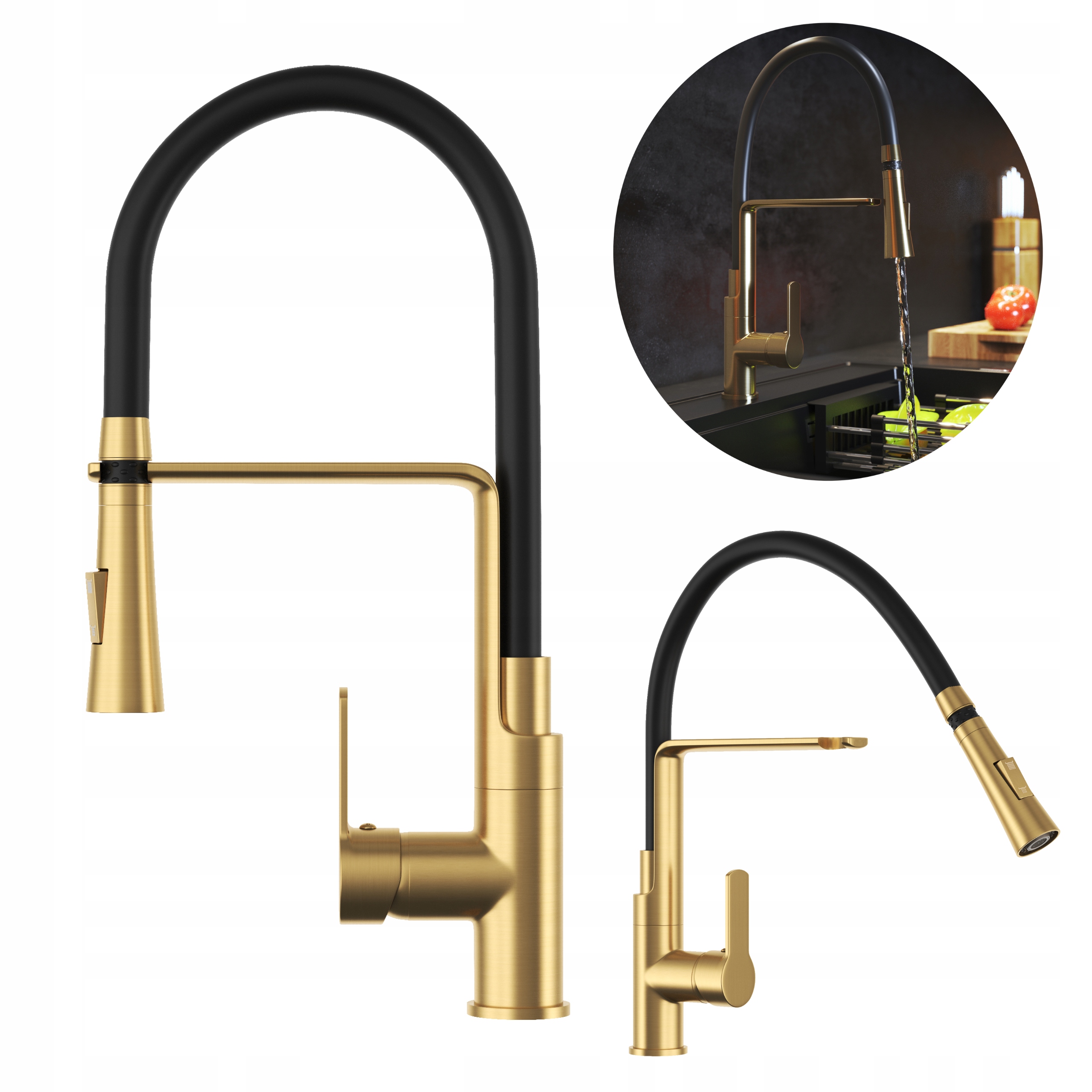 Kuchynská batéria Vegas brúsená zlatom, flexibilný výtokový otvor, stojanček