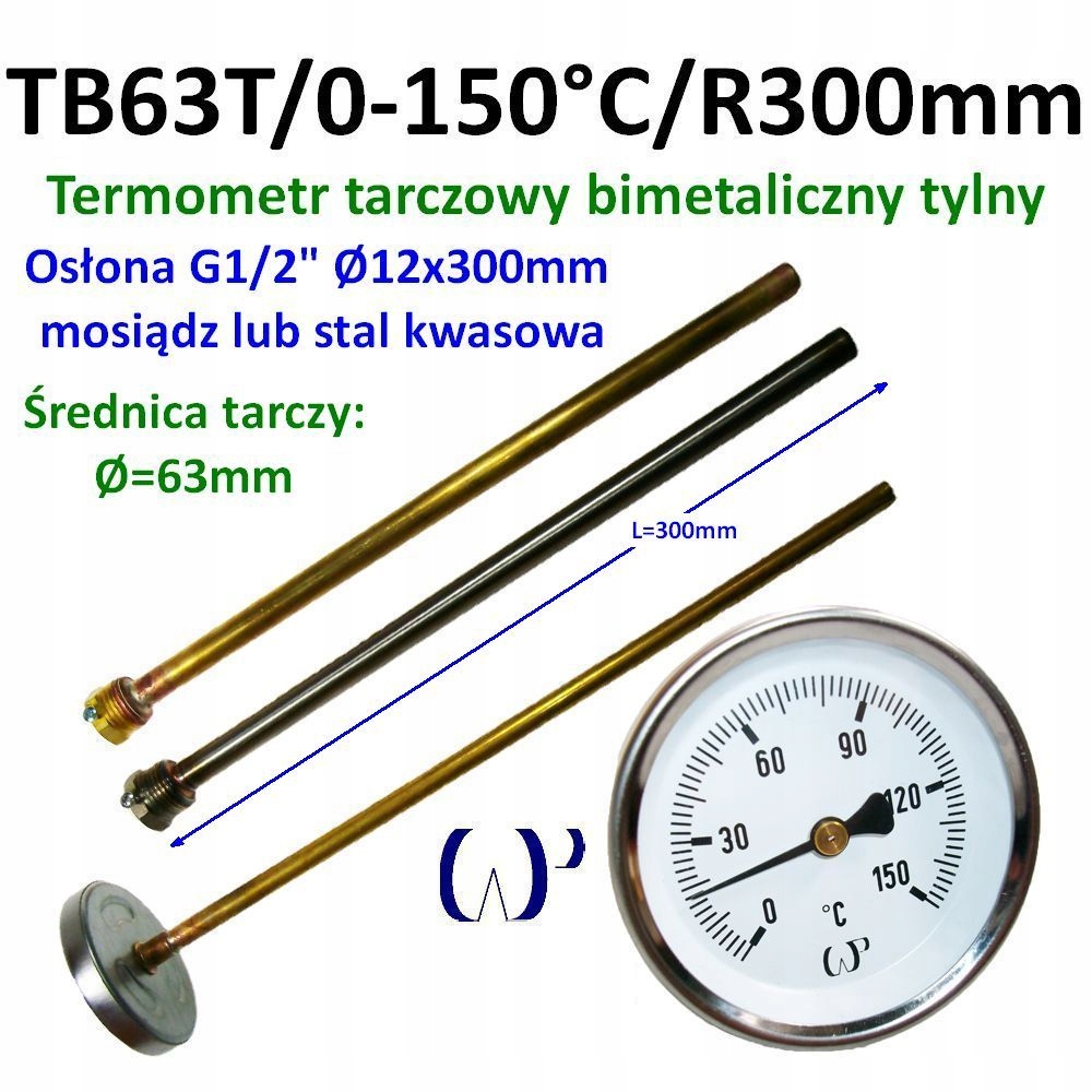 Bimetalický kotúčový teplomer TB63T/0-150°C s kyslou clonou G1/2" 300 mm