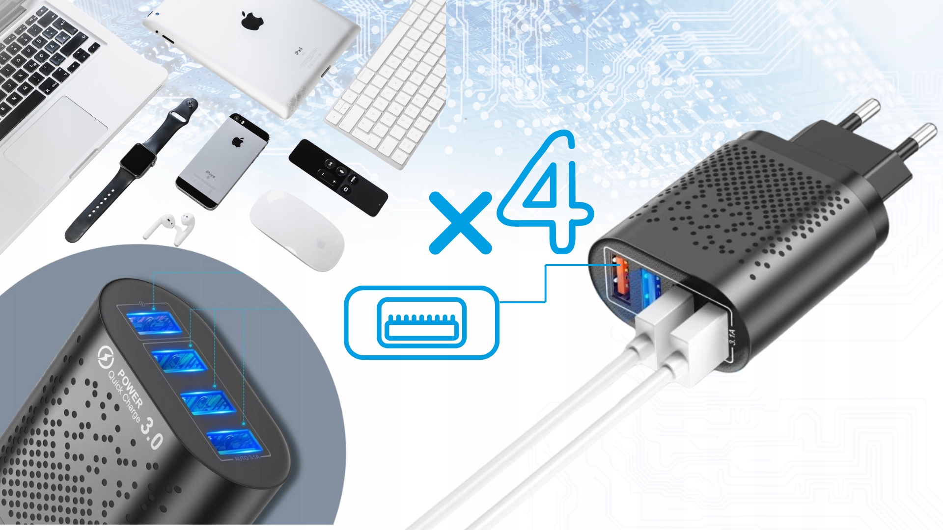 QC3.0 ŁADOWARKA SIECIOWA ZASILACZ WTYCZKA 4xUSB KABEL 3w1 1.2M DŁUGI FAST Marka Inna