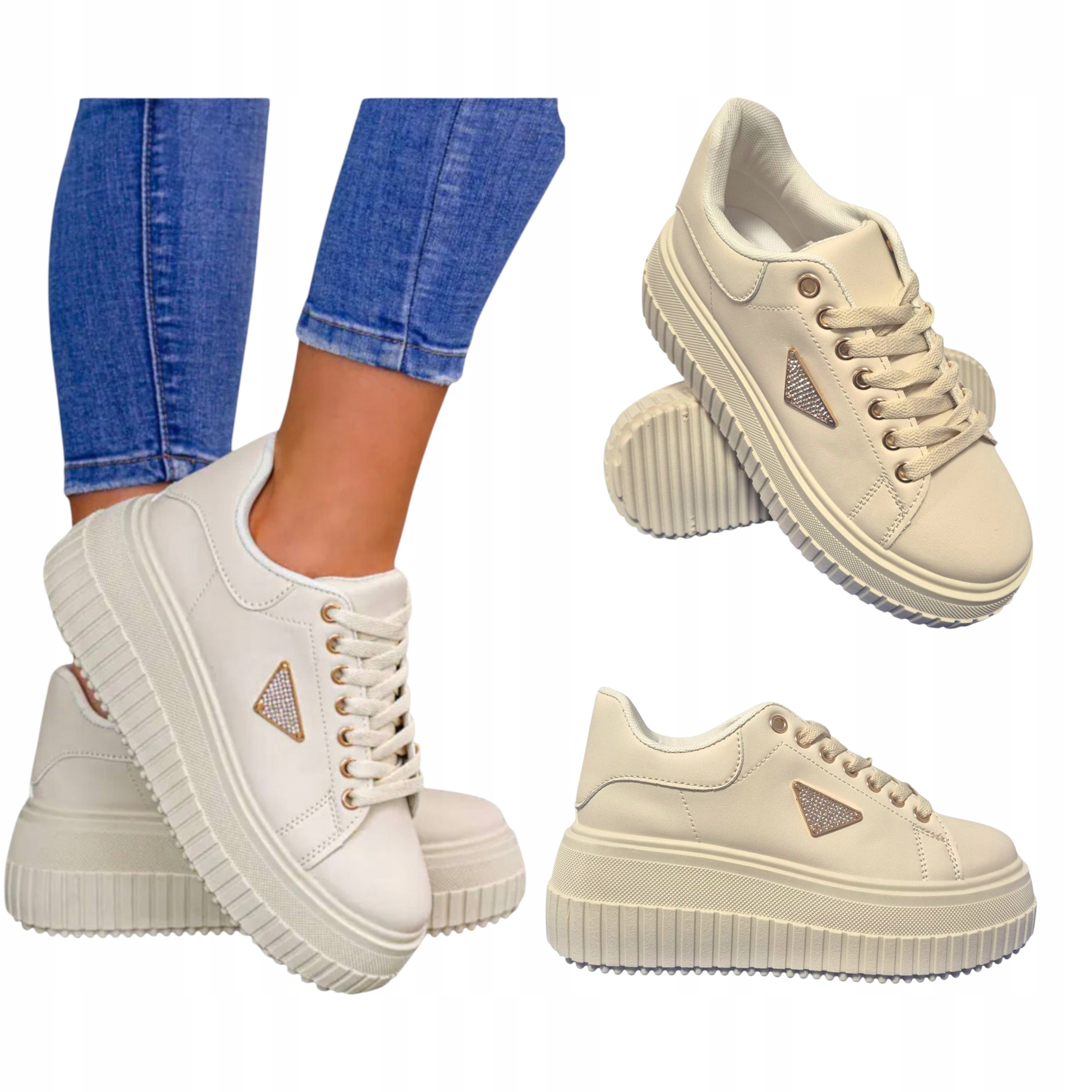 Damskie Półbuty Skórzane Sneakersy Letnie Adidasy na Platformie Beżowe 38