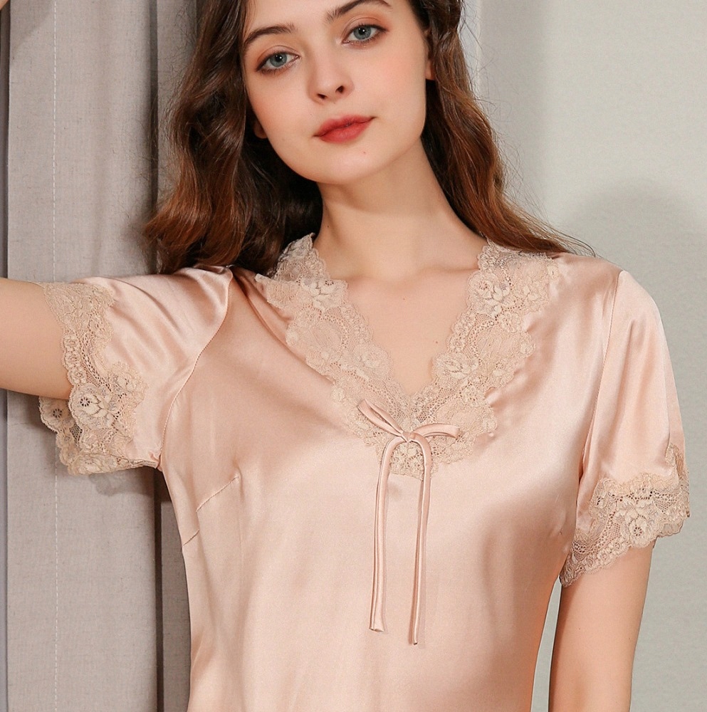 Jedwabna Koszula Nocna KORONKA Halka Piżama NPP L Dekolt szpic