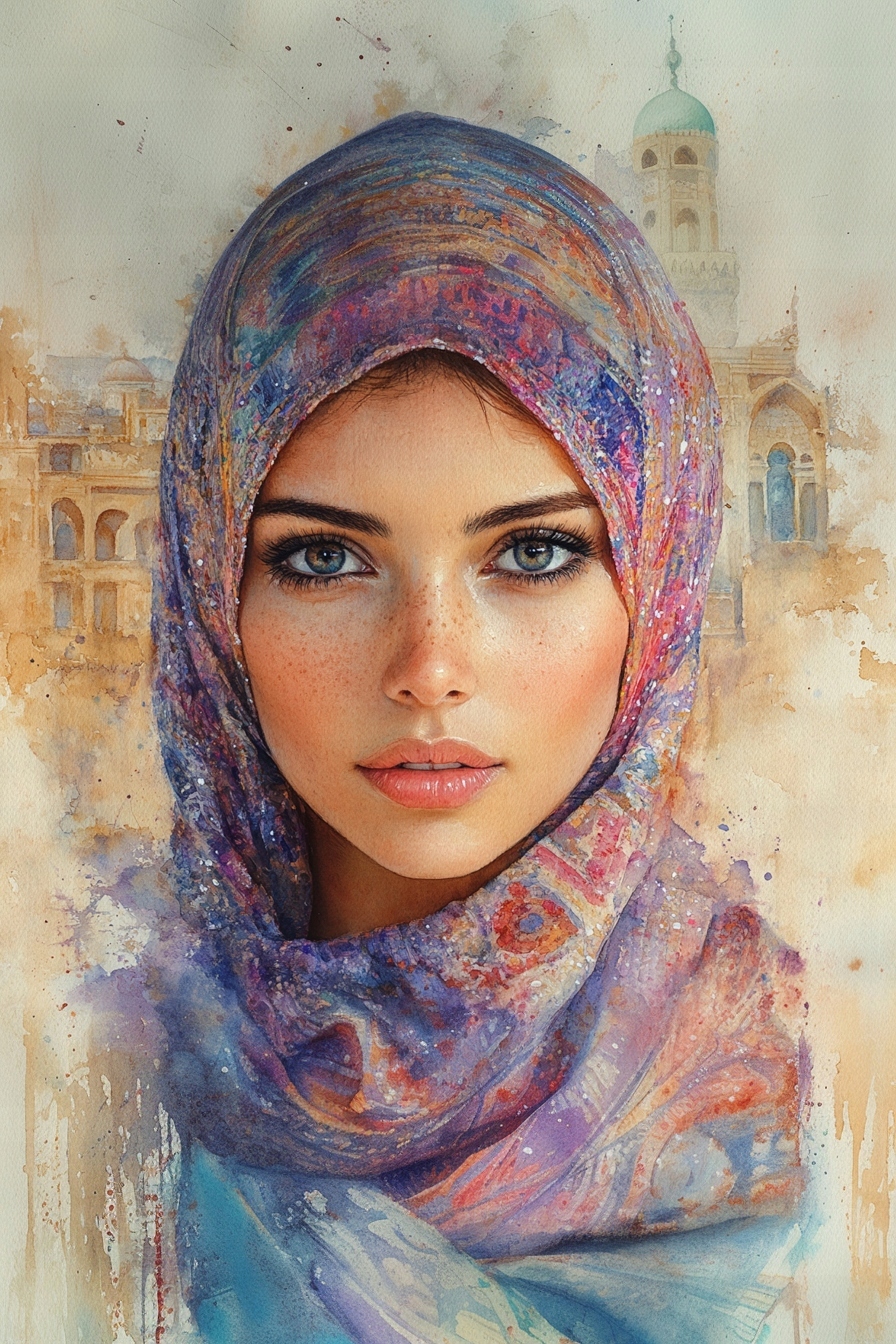 Obraz Na Plátně Canvas Žena Východ Hidžáb Portrét Akvarel 80x120