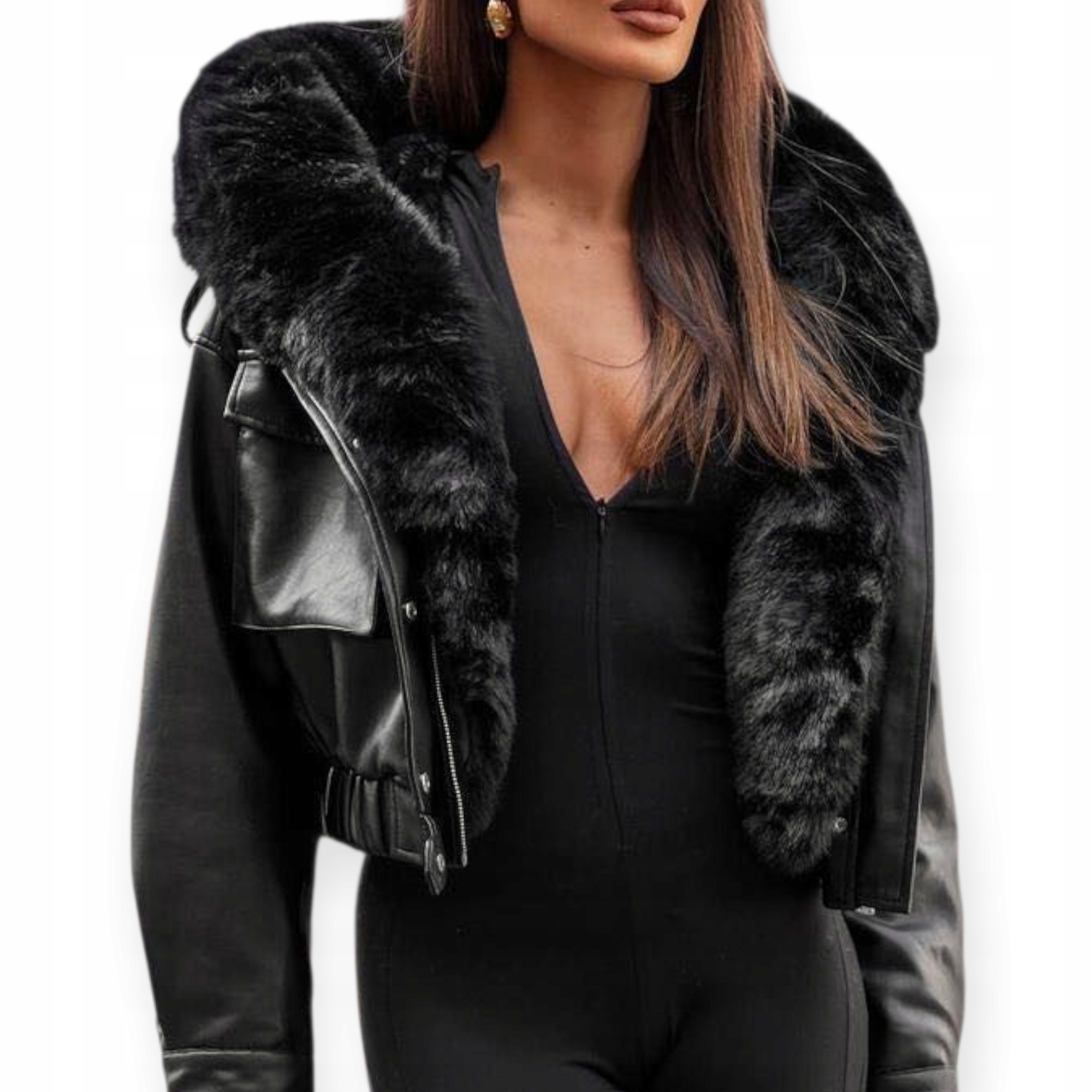Bunda z ekokůže s objemnou kožešinou, černá, velikost L