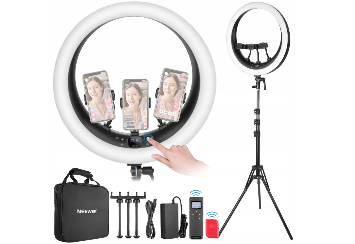 Neewer Lampa Pierścieniowa 19Cal z Stojakiem i 3 Uchwytami Telefonu 42W