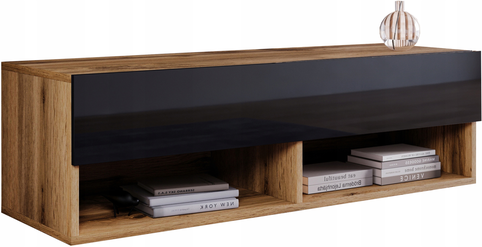 Moderní Rtv skříňka 100 cm wotan/černý lesk stojící/závěsná s Led