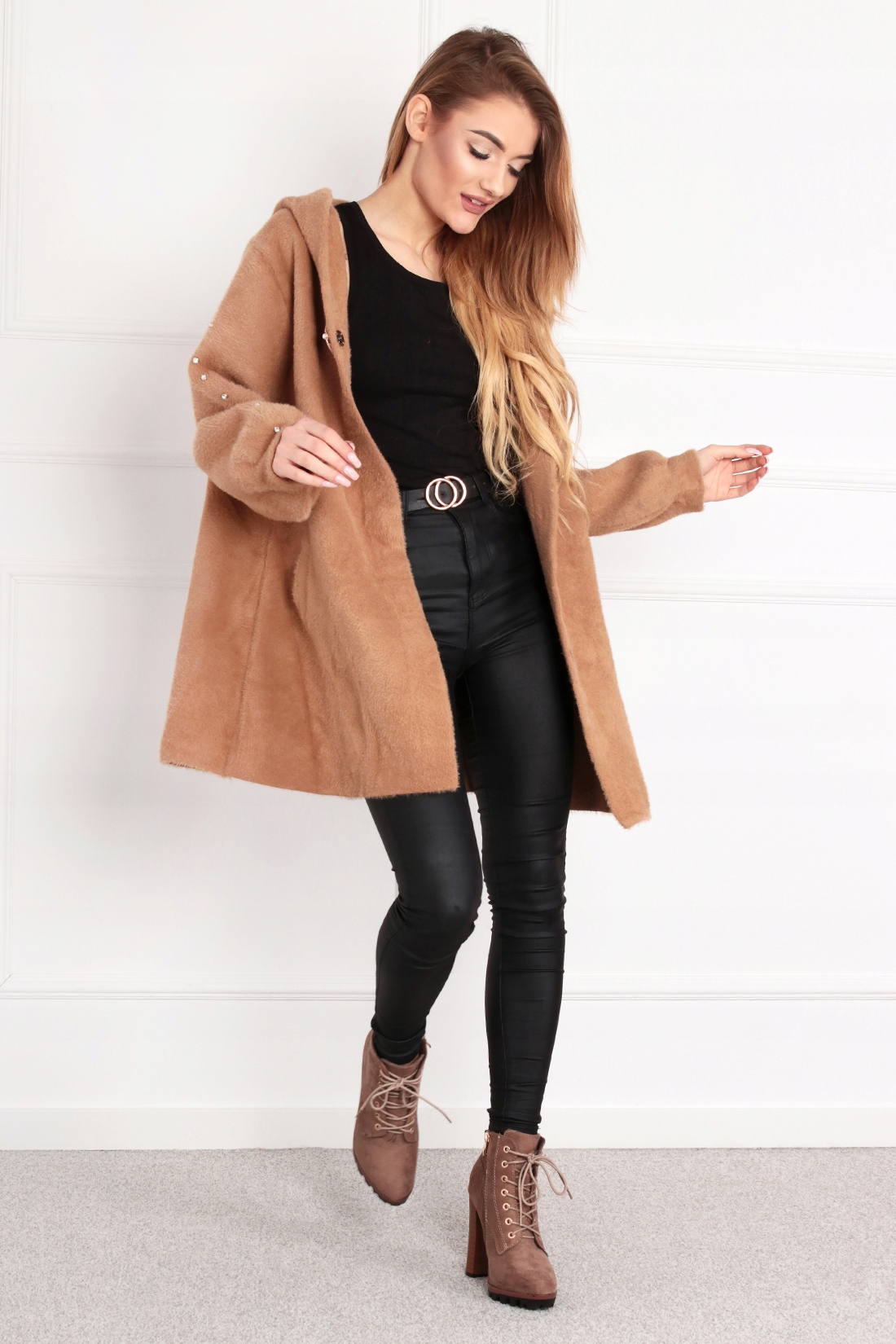 ALPAKA DAMSKA PŁASZCZ KURTKA SWETER CIEPŁA DŁUGA KAPTUR WYGODNA CAMEL 2006 Model 2006