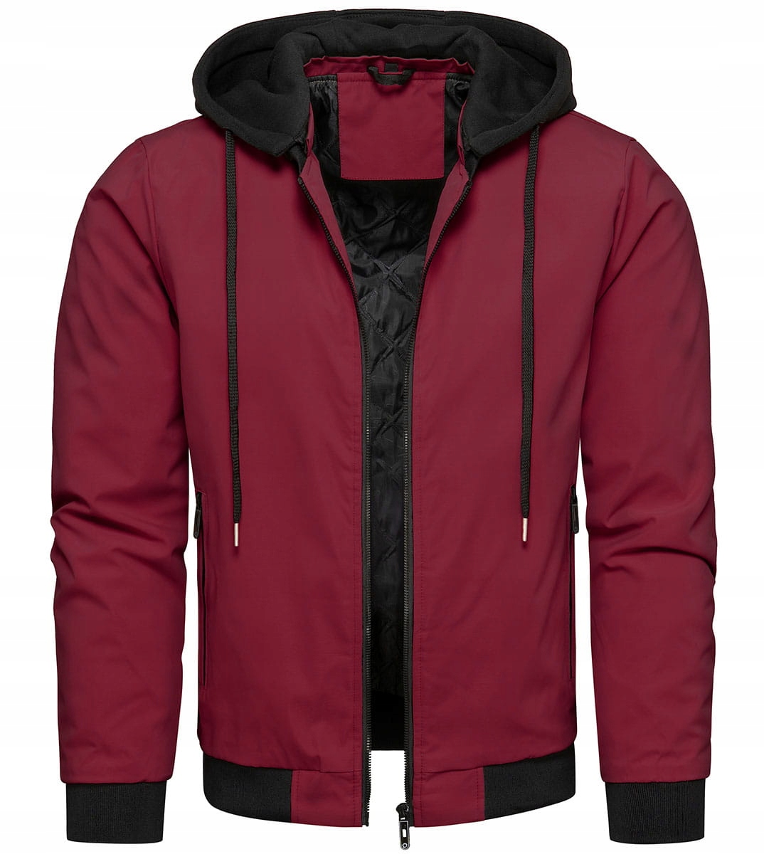 Pánská bomber přechodová bunda na zip s odnímatelnou kapucí bordó L