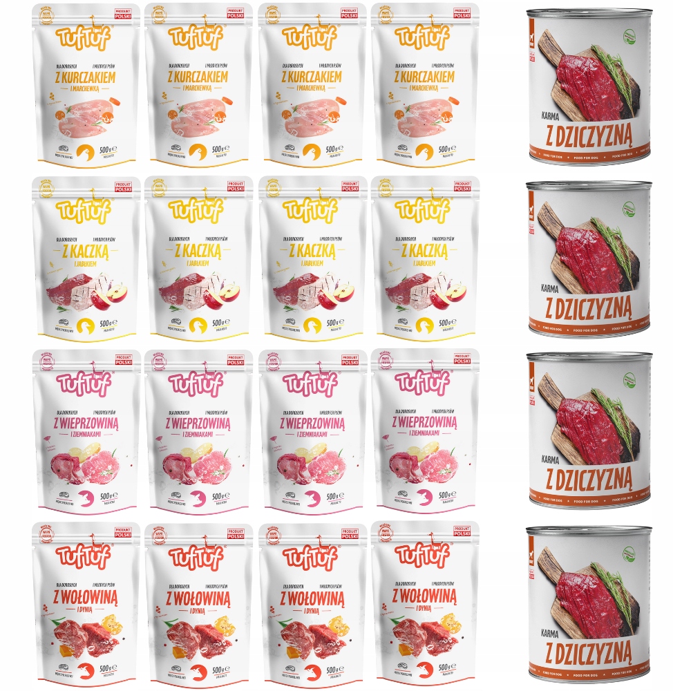 Levně Vlhké Krmivo Tuf Tuf MIX Set Sáček 16x500G Plechovka 4x800G Zvěřina