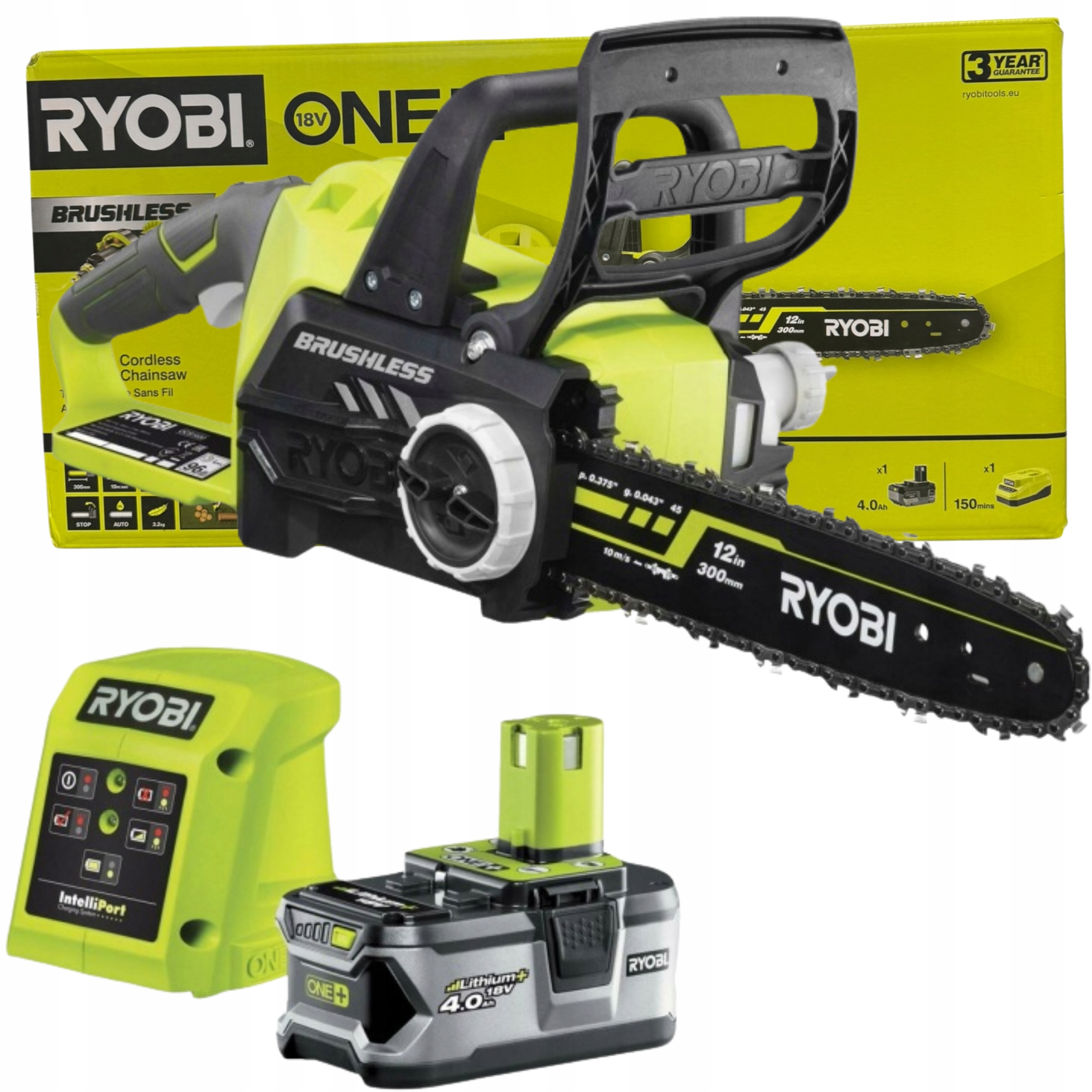 Ryobi Piła łańcuchowa 30cm akumulatorowa bezszczotkowa 18V ONE+™ w zestawie z akumulatorem 4.0Ah i ładowarką 1.5A RCS1830-140B