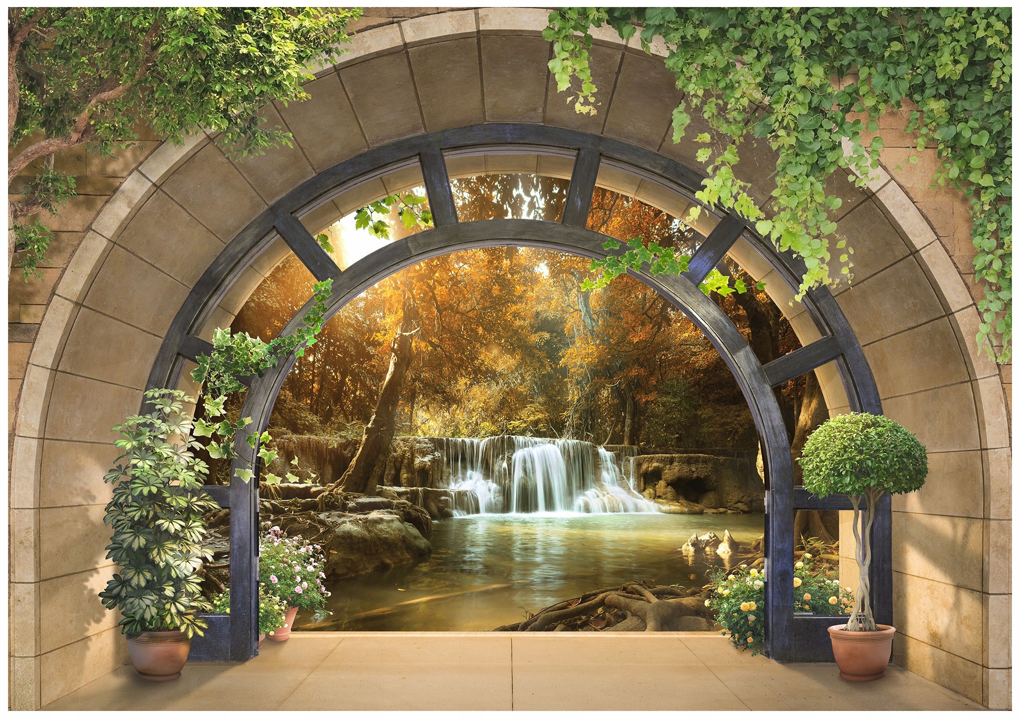 Fototapeta 3D Pohľad Z Okna Vodopád Jazero Príroda Les Flizelina 350x250