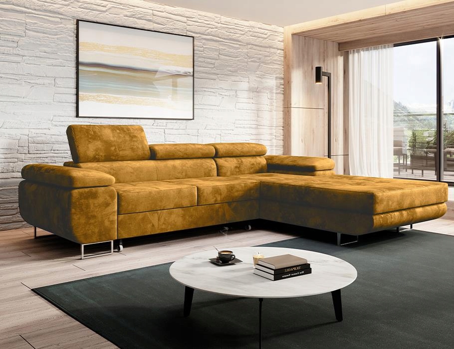 Komfortní pravý rohová sedací souprava rozkládací roh Norberg hořčicový na pružinách.