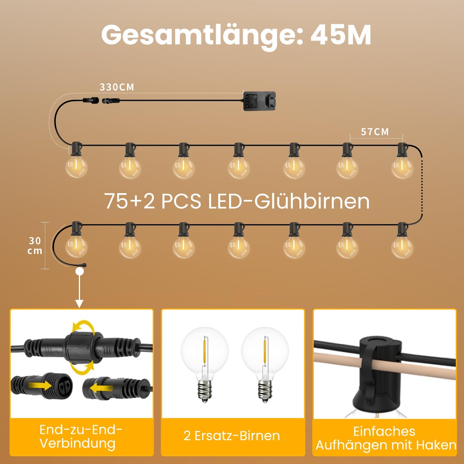 YUUSEI Girlanda 45M Lampki LED Zewnętrzne Na Pilot Wodoodporne IP45 — miniatura 5