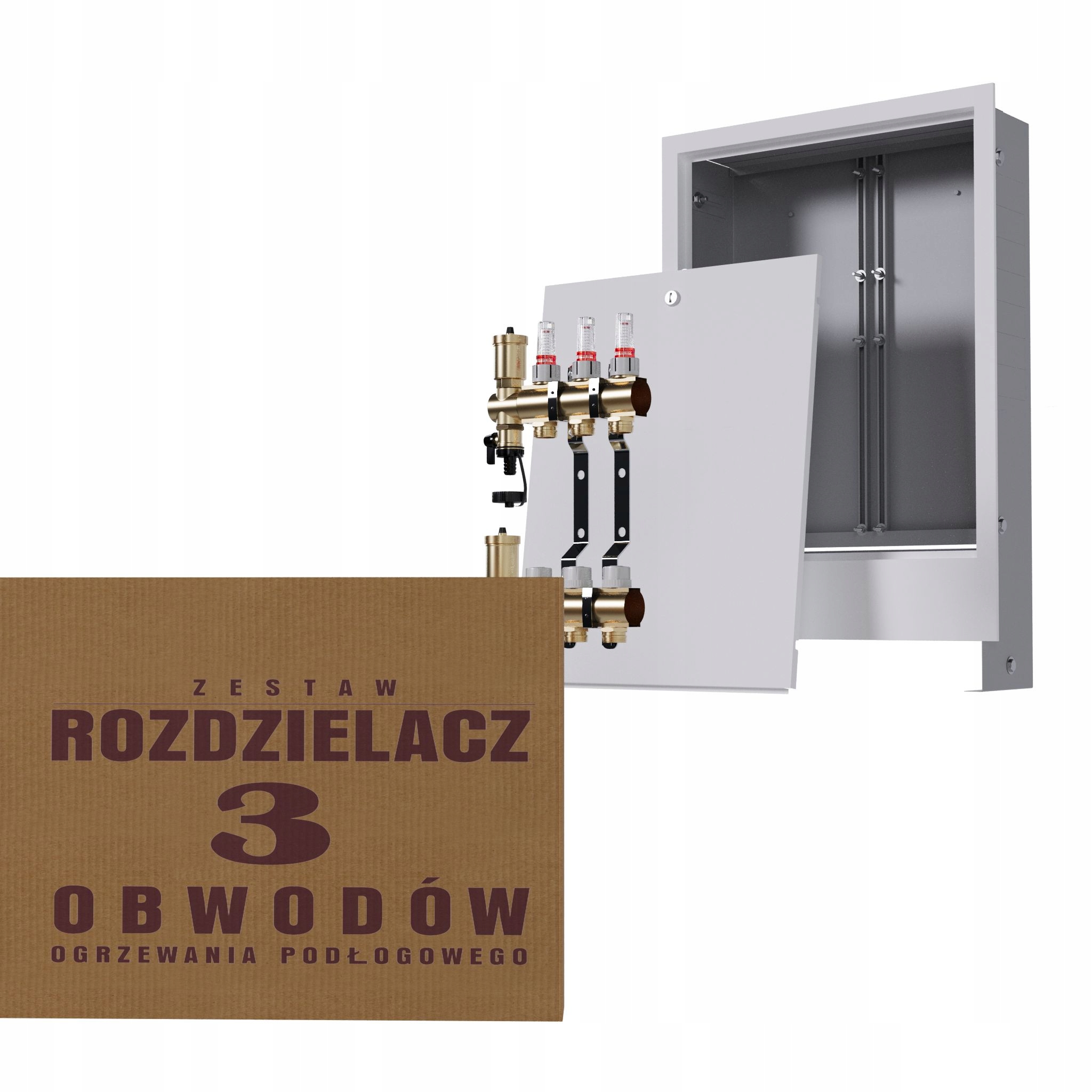 Rozdělovač pro 3-okruhovou mosaznou podlahu a podomítkovou skříňku, bílý