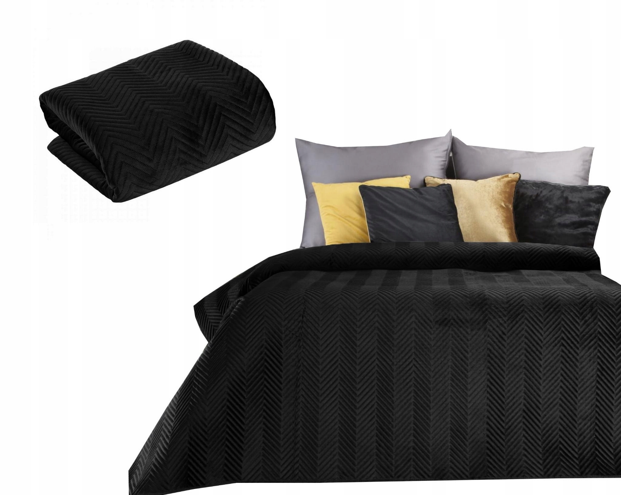 Narzuta Na Łóżko 230x260 Eurofirany Sofia czarna Welwet Pikowana Jodełka