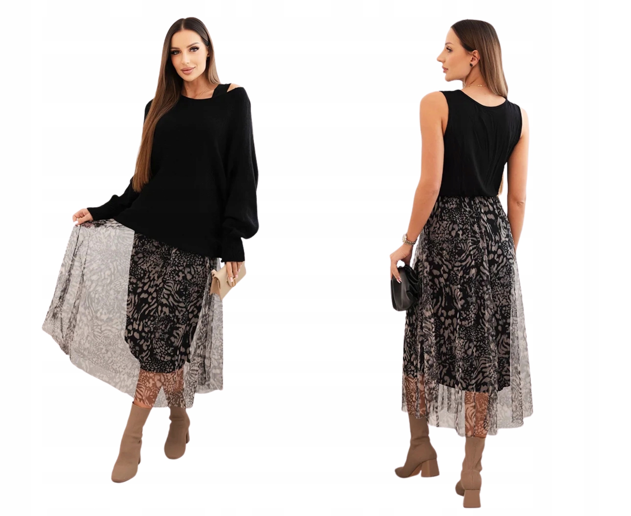 Dámský komplet s vlněným svetrem a viskózovou sukní, černý