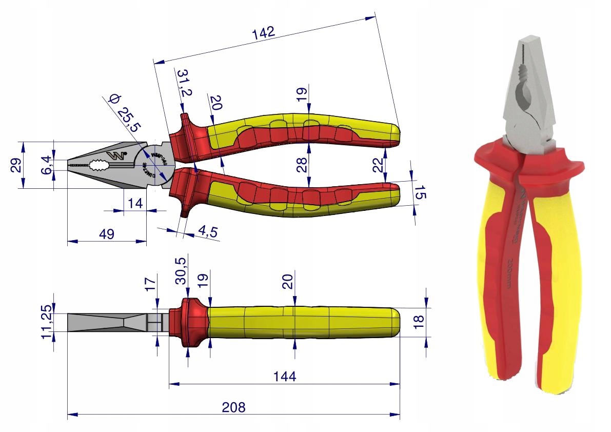 Szczypce izolowane, uniwersalne 200 mm. VDE. Waryński Marka NK