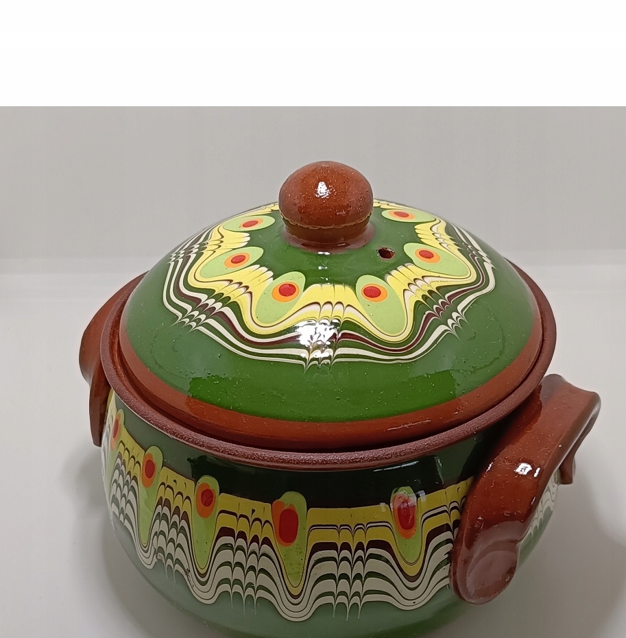 GJUWECZ bułgarski garnek gliniany z pokrywą ręcznie robiony zielony 2
