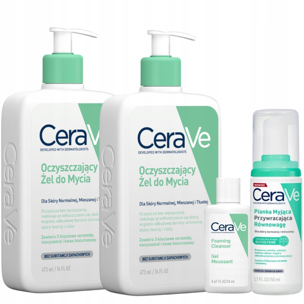 CeraVe Zestaw Żel Oczyszczający do Mycia Skóra Tłusta Twarz Ciało 473ml x2