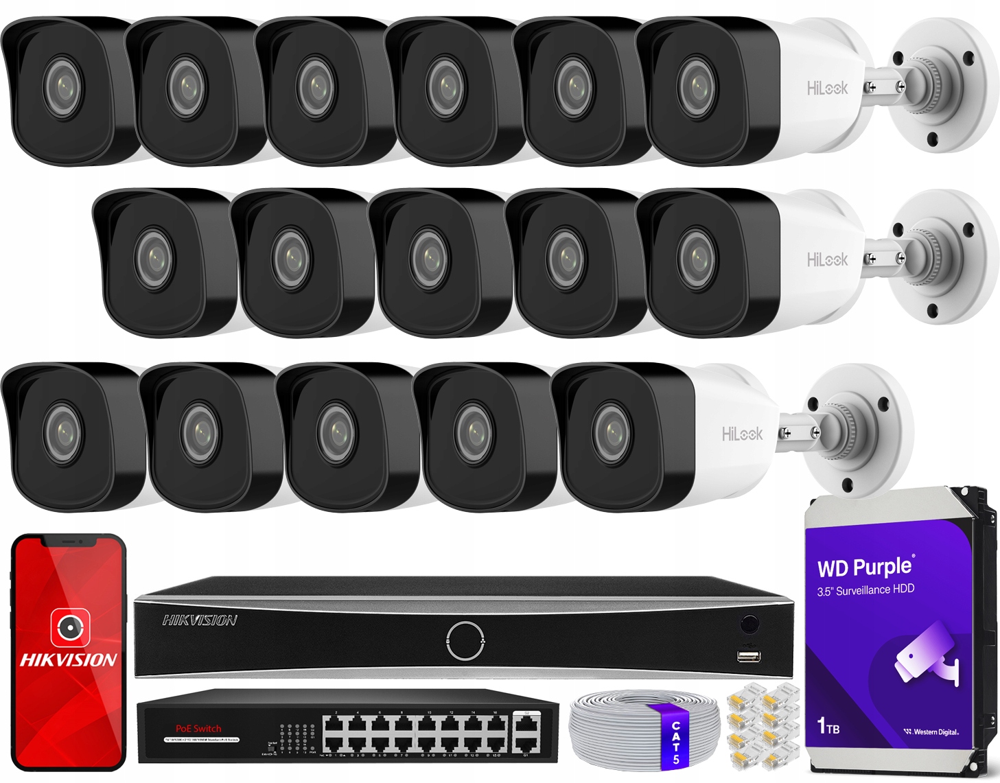 Sada pro monitorování 16 kamer IPCAM-B5 5MPx záznamník Hikvision Acusense