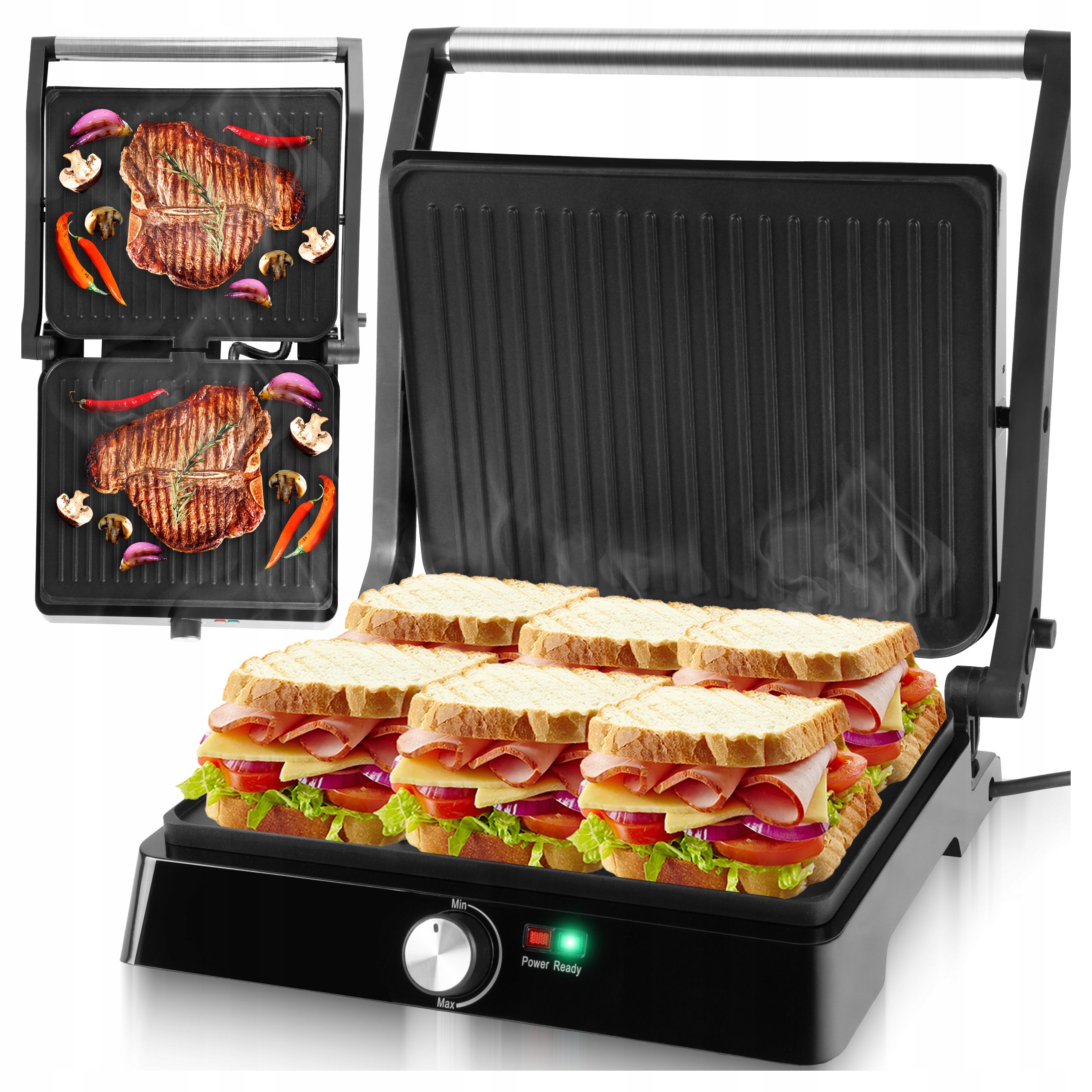 Grill Elektryczny Opiekacz Toster Do Kanapek Panini Rozkładany Mocny 2200W