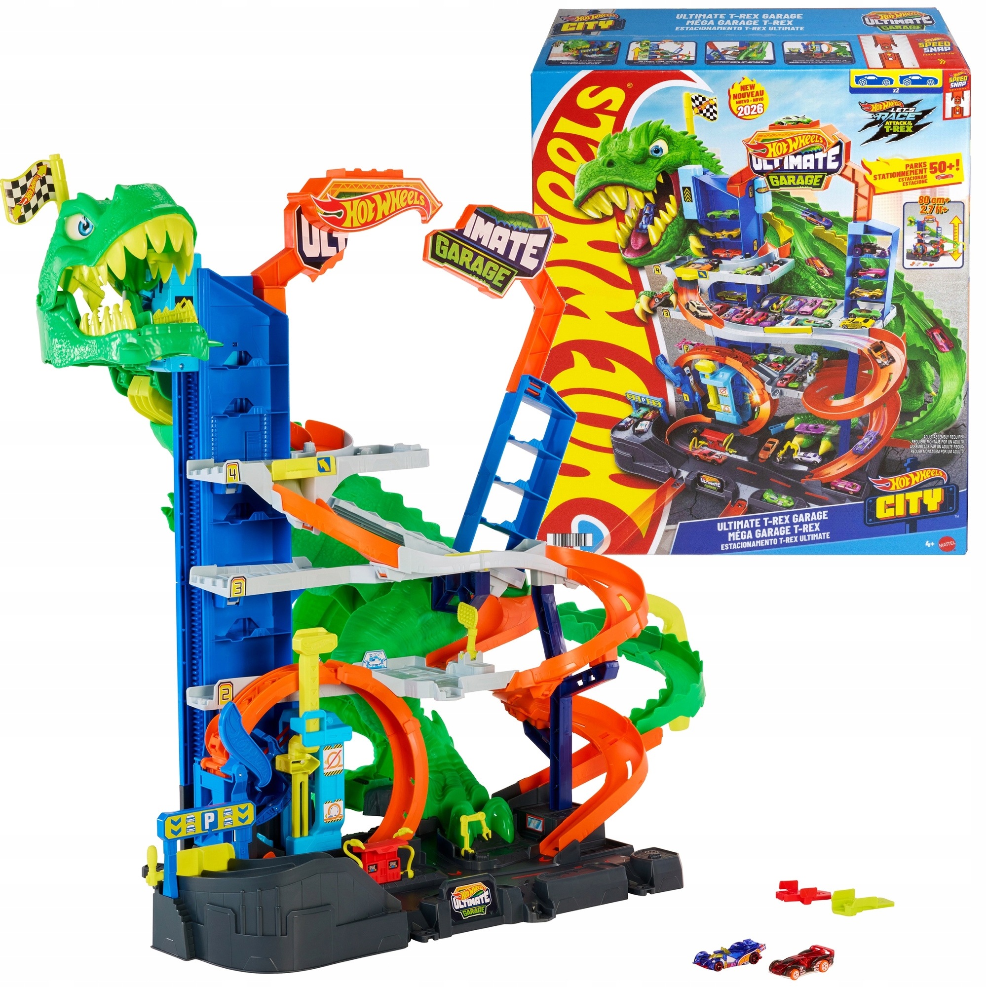 Hot Wheels City Garaż Giga T-rex Zestaw Tor 2 Autka
