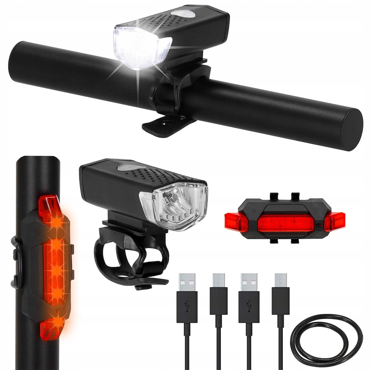 LAMPKA ROWEROWA LED PRZÓD NA USB MOCNA TYŁ ZESTAW KIEROWNICĘ ROWER ŚWIATŁO Zasilanie akumulator