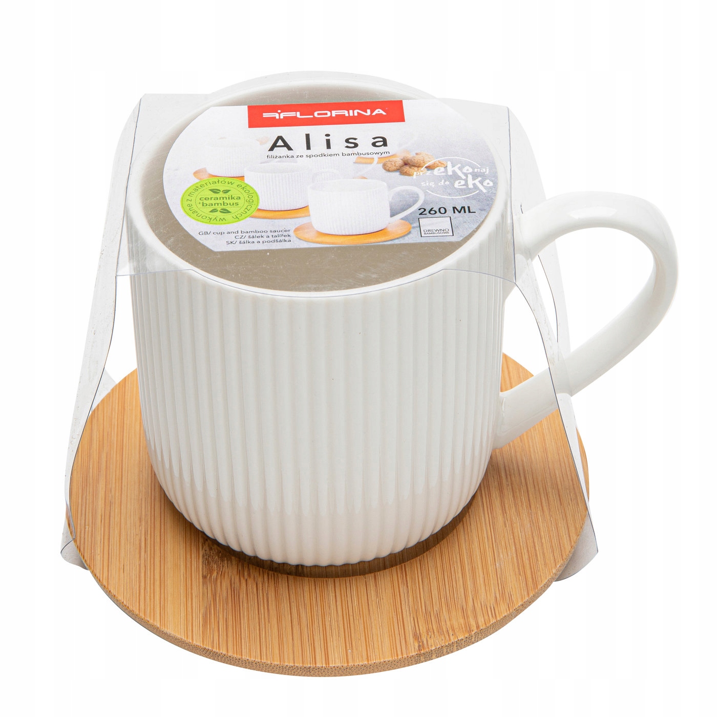 FILIŻANKA ALISA ZE SPODKIEM BAMBUSOWYM 260ML BIAŁA Florina Marka Florina