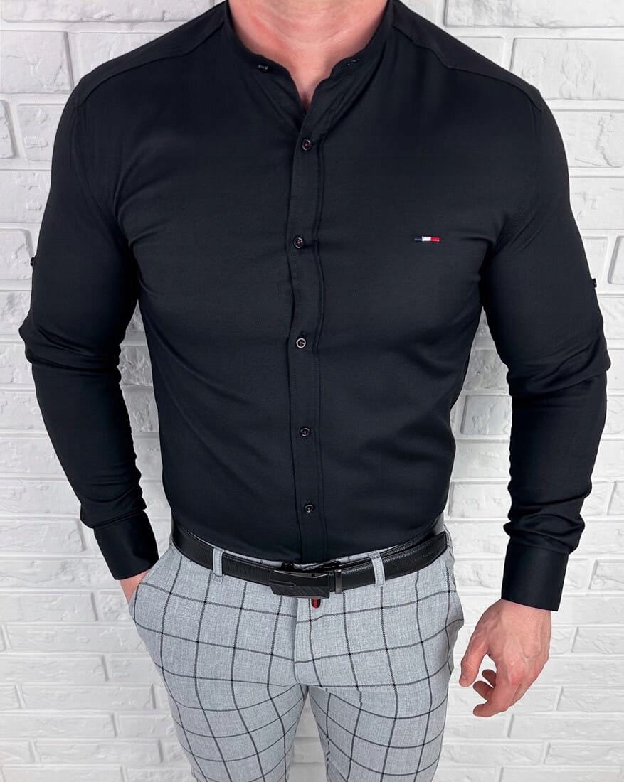 Czarna koszula meska logo ze stojka slim fit L